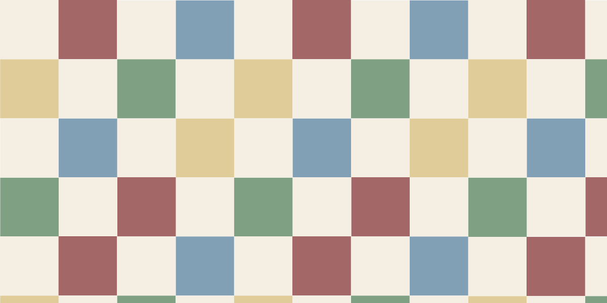 Checkered pattern with squares in red, blue, green, and yellow on a cream background